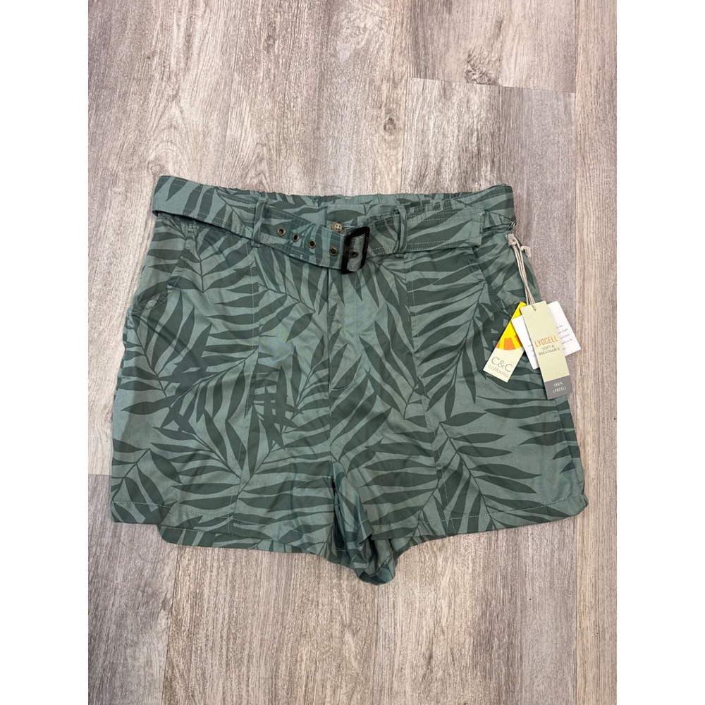 C&C California Womens Size XL Green Palm Leaf Print Lyocell Belted Shorts NWT